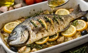 Dorade entière grillée au four avec citrons, olives, ail et thym, arrosée d'une sauce.