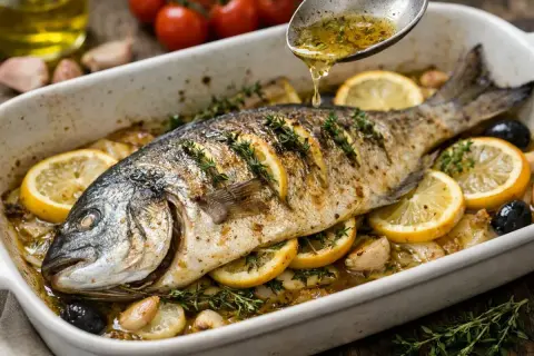 Dorade entière grillée au four avec citrons, olives, ail et thym, arrosée d'une sauce.