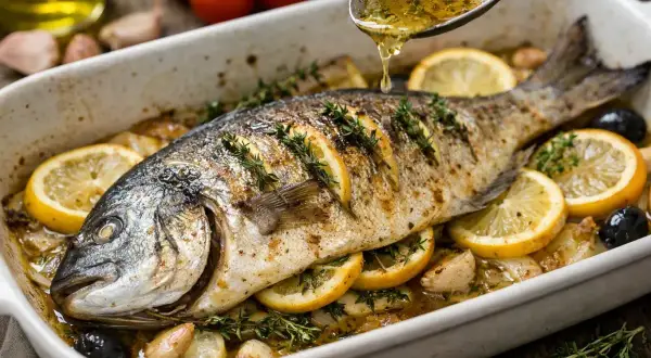 Dorade entière grillée au four avec citrons, olives, ail et thym, arrosée d'une sauce.